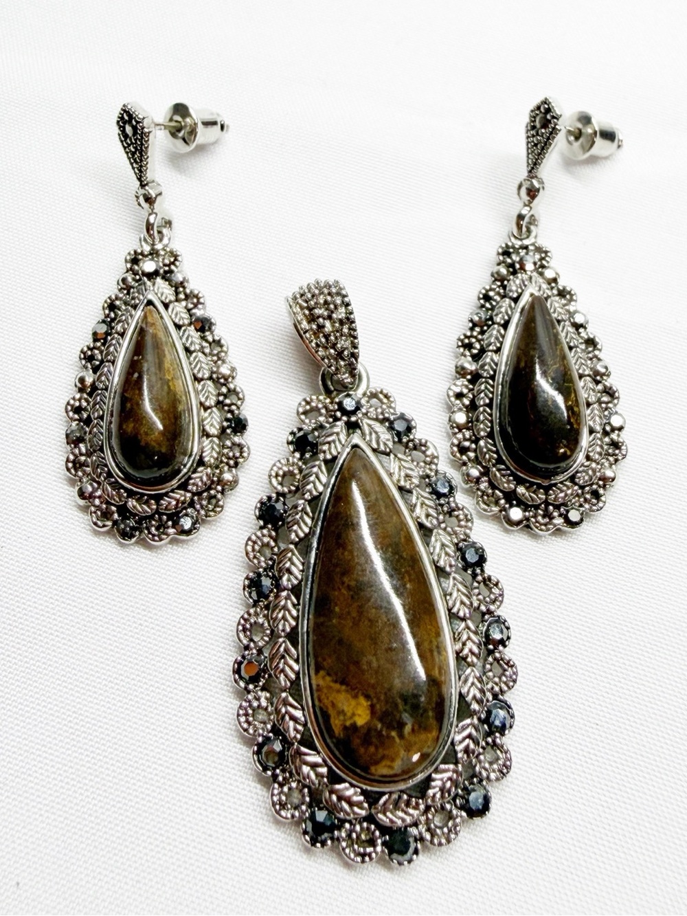 Vintage Marcasite Natural Stone Teardrop Earrings and Pendant
